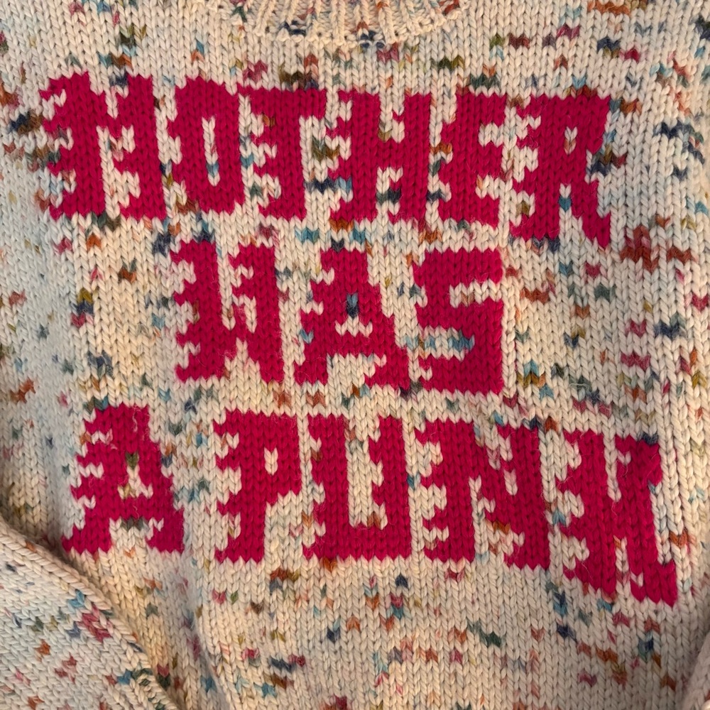 MOTHER Cream Speckled Crewneck Sweater with Pink Intarsia - Picture 5 of 10